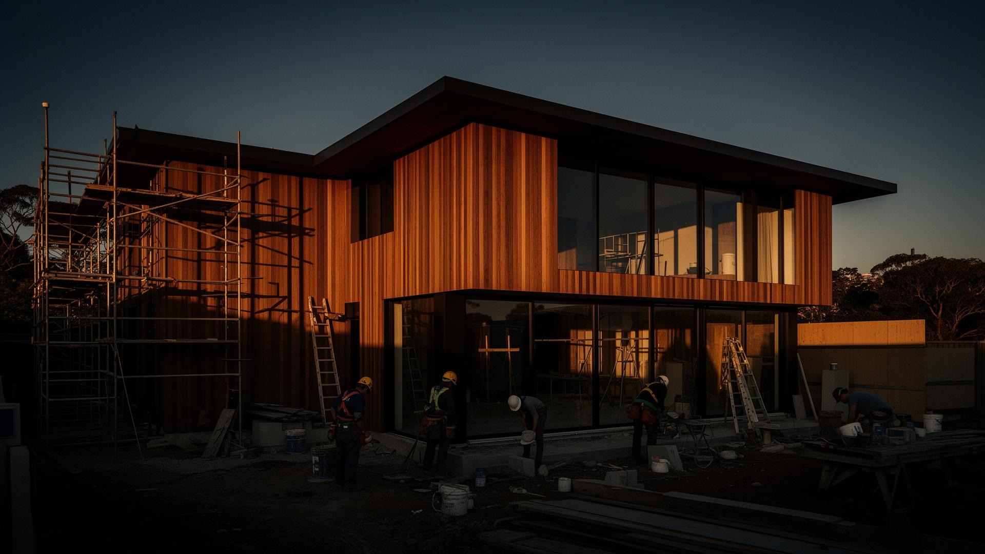 Premium Sydney home under construction at dusk